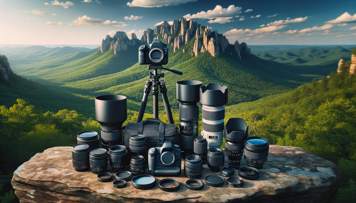 Essential photography gear laid out on a rock overlooking a scenic Arkansas landscape, including a camera, tripod, various lenses, and filters