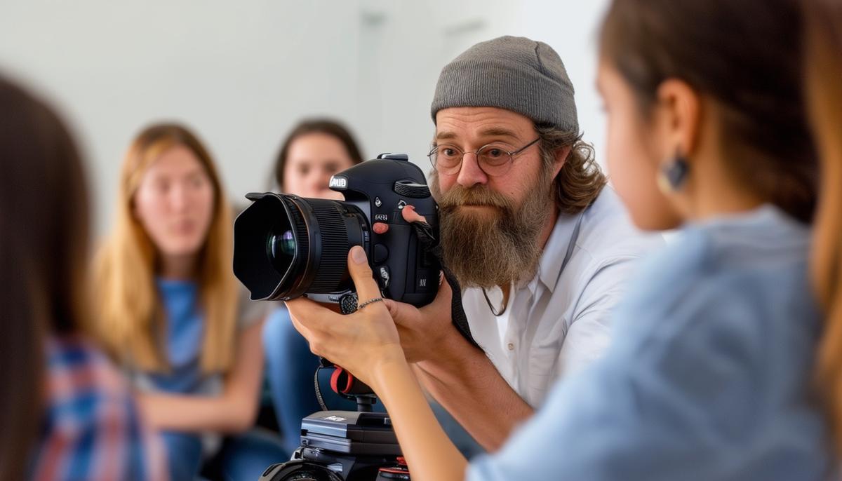 A photography instructor demonstrating a camera technique to an attentive group of students