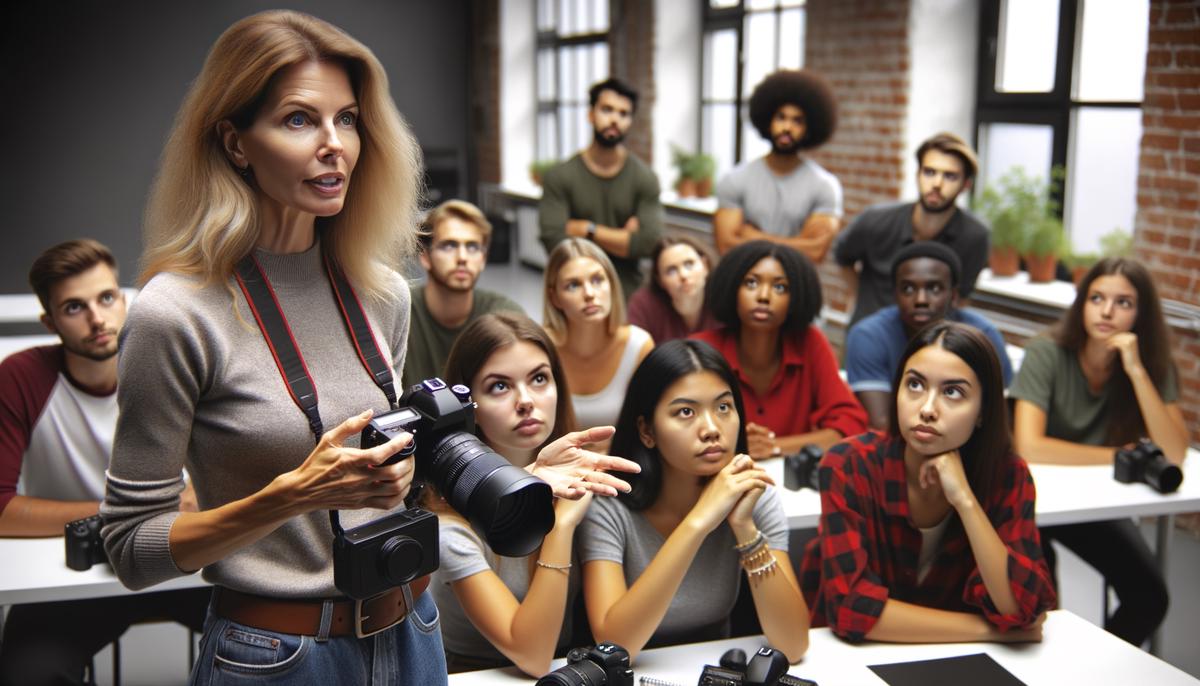 A female photography instructor demonstrating techniques to a small group of students