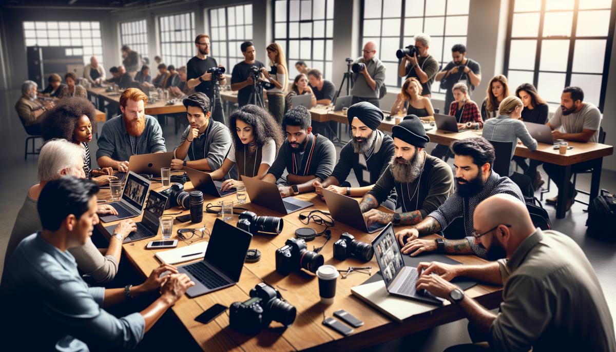 A group of photographers of various skill levels collaborating and sharing knowledge during a community event