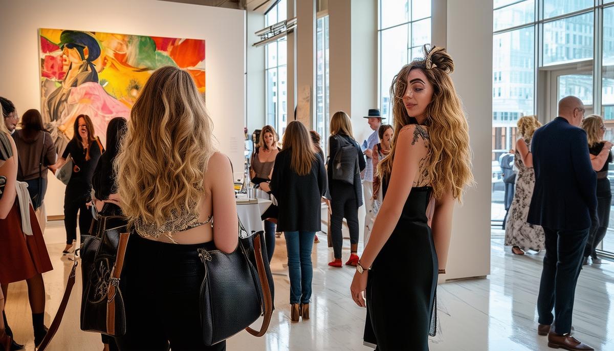 A stylish photography networking event at the Noelle Hotel's Saidee Gallery in Nashville, with attendees mingling and live models posing