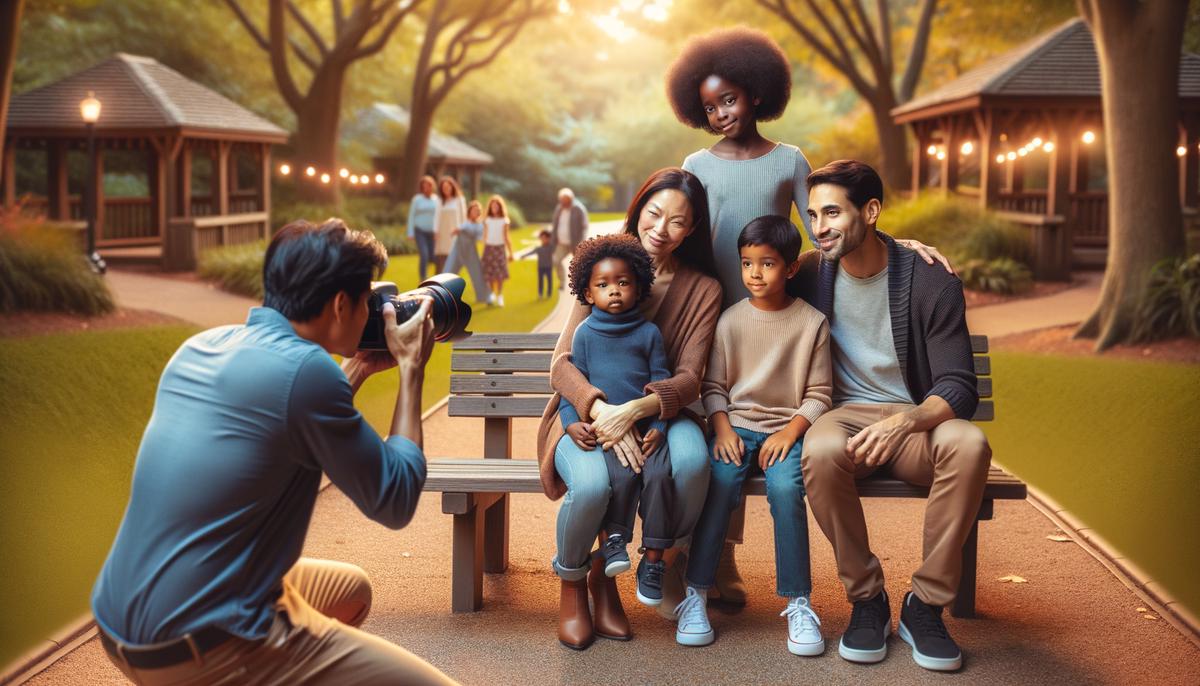 A photographer conducting a photo session with a family in a park setting