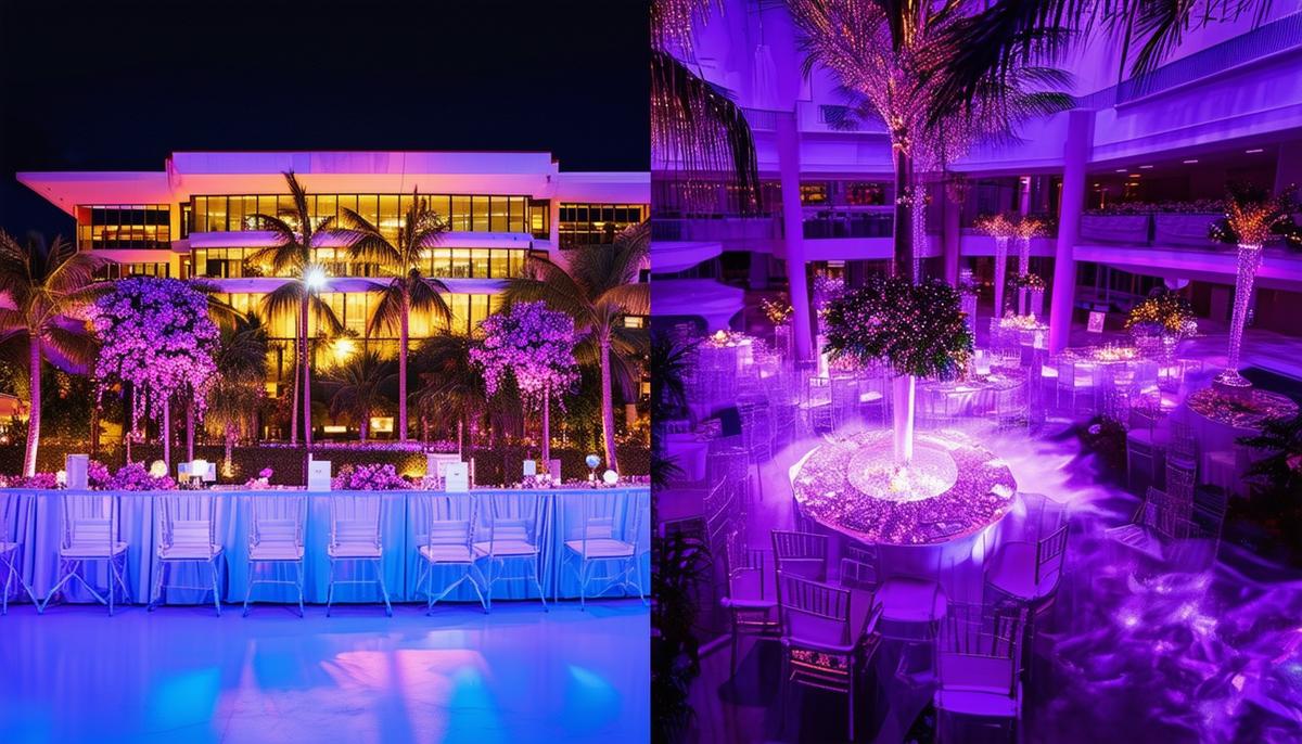 A split image showcasing trending photography styles in Miami galas, with one side showing a cinematic shot with dramatic lighting and the other an aerial view of a beautifully lit event space