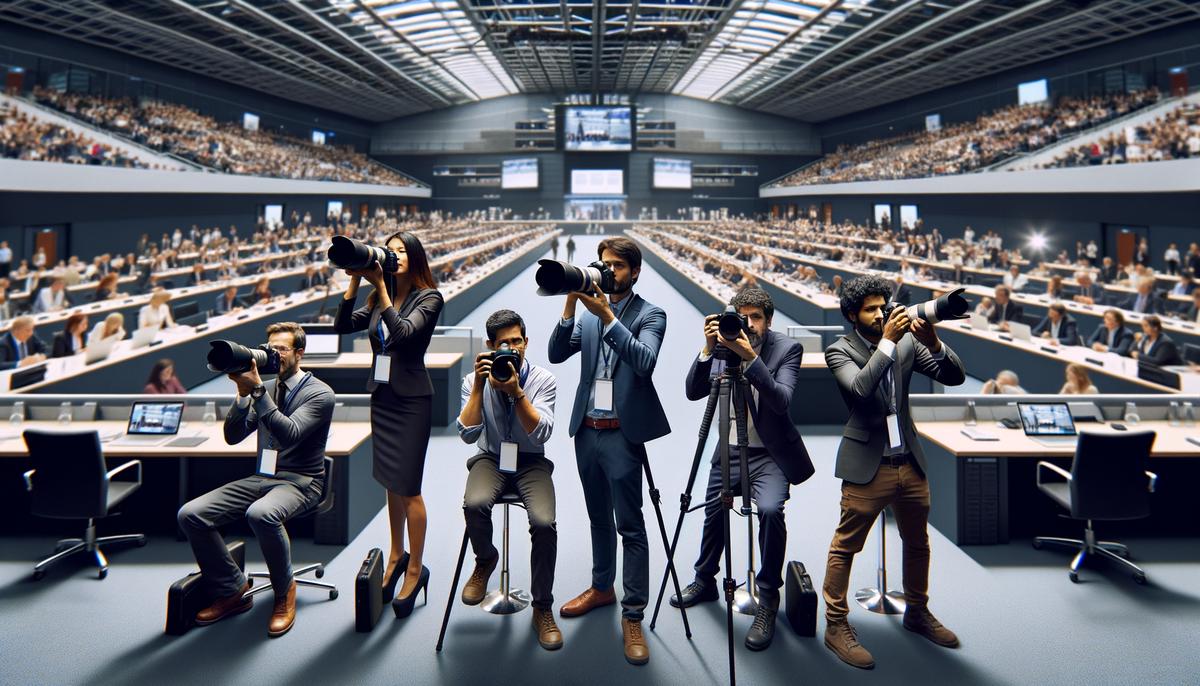 A team of photographers working together to cover a large corporate conference