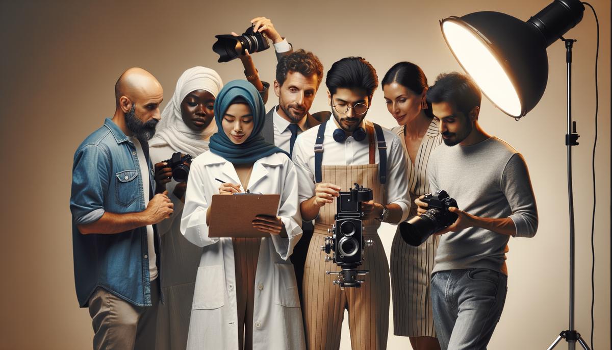 A team of photographers and crew members collaborating and planning for an upcoming photo shoot