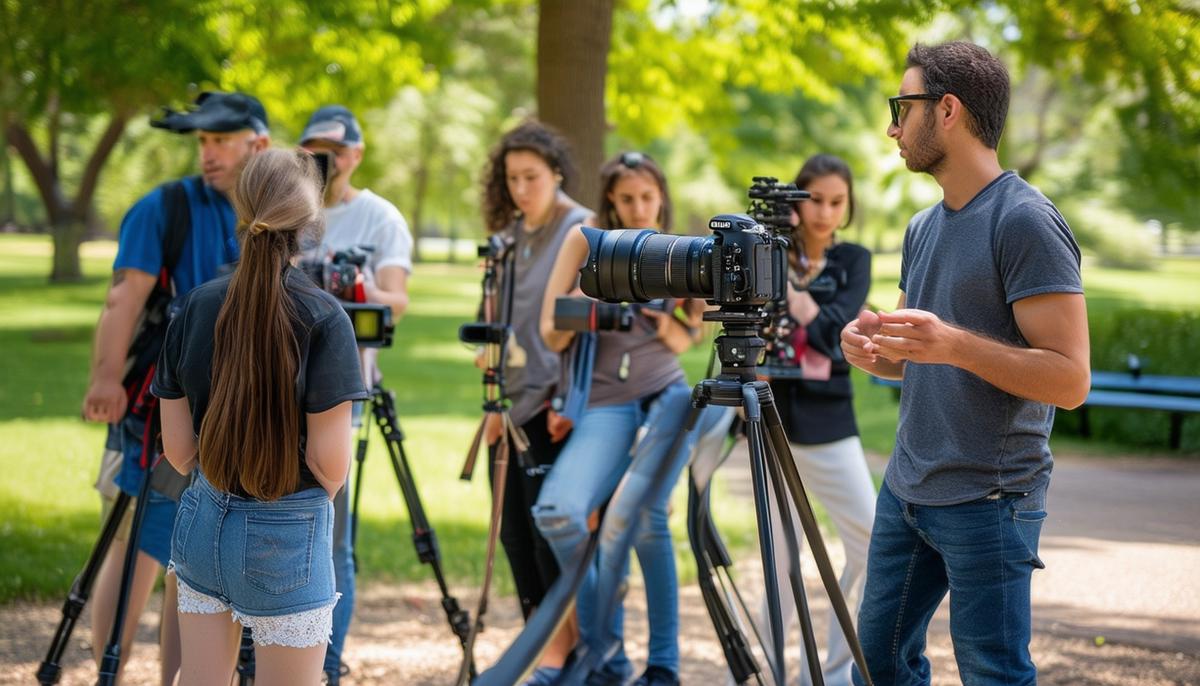 A group of photography students learning techniques from an instructor in an outdoor park setting.