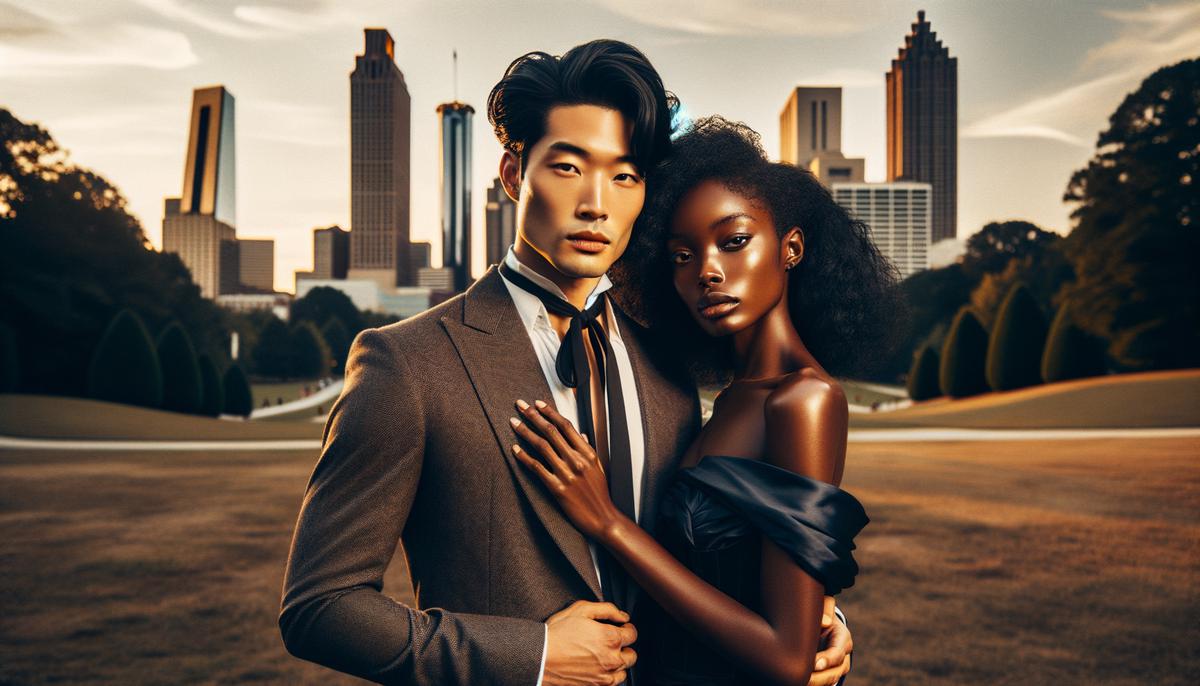 A couple posing for an engagement photo in Piedmont Park with the Atlanta skyline in the background