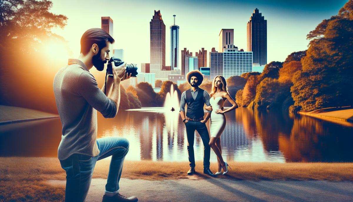 A photographer conducting an engagement photo shoot in Piedmont Park with the Atlanta skyline in the background