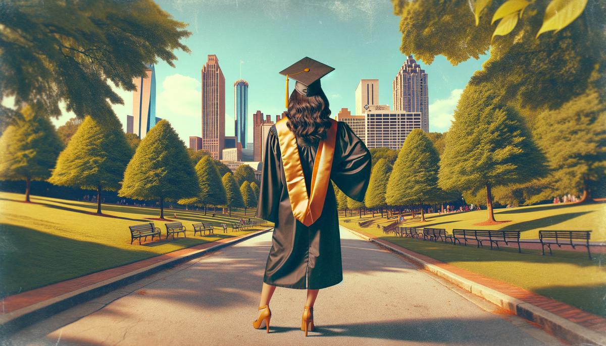 A graduate posing for photos in Piedmont Park with the Atlanta skyline in the background