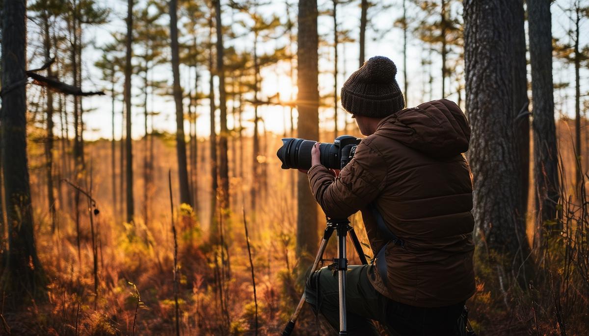 A photographer capturing the natural beauty of the Pine Barrens in New Jersey during a specialized photography workshop.