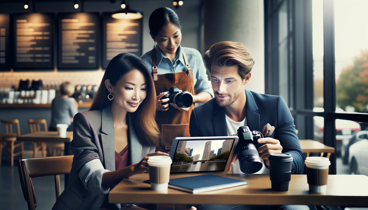 A couple reviewing engagement photo location ideas with their photographer in a DC coffee shop