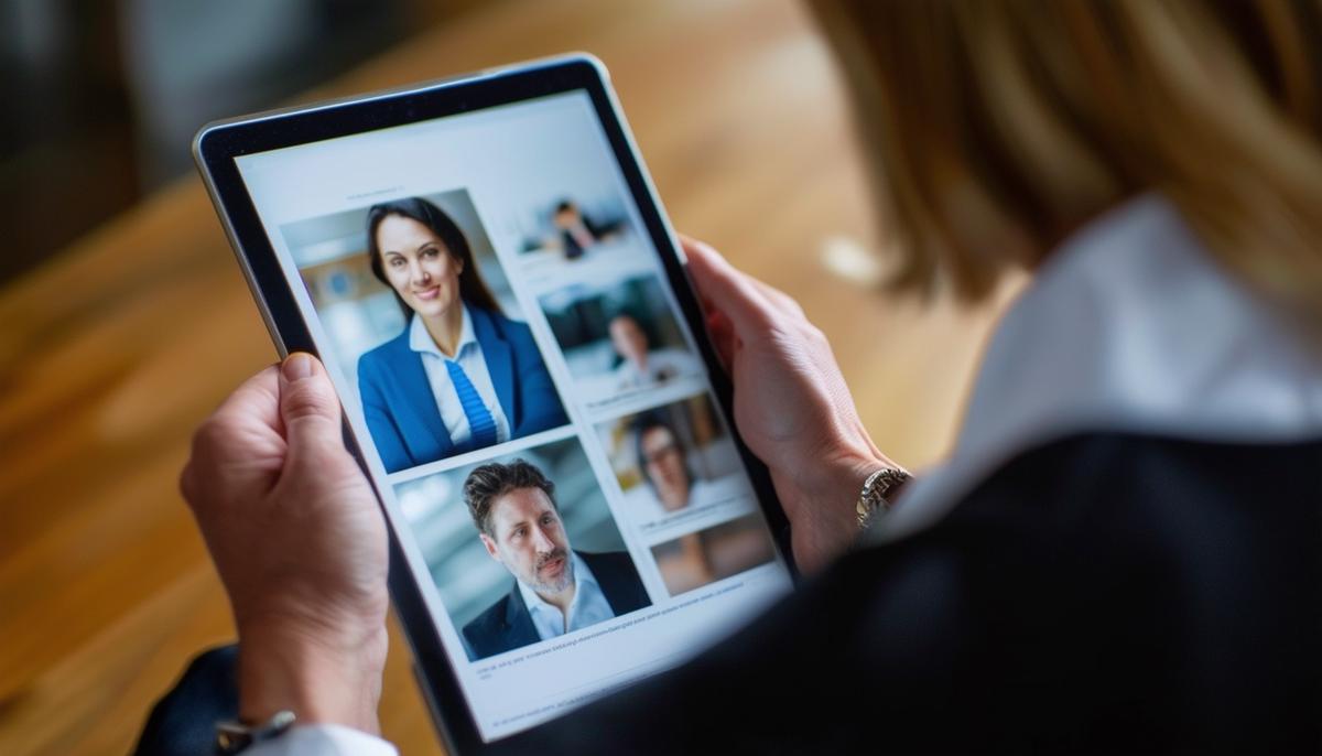 A client reviewing a corporate photographer's portfolio on a tablet