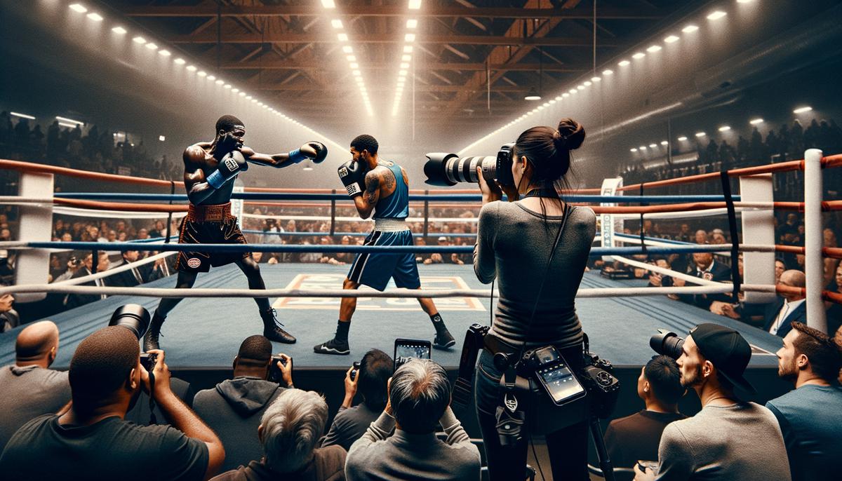 A photographer capturing a boxing match at the Portland Boxing Club, showcasing technical skill and creativity