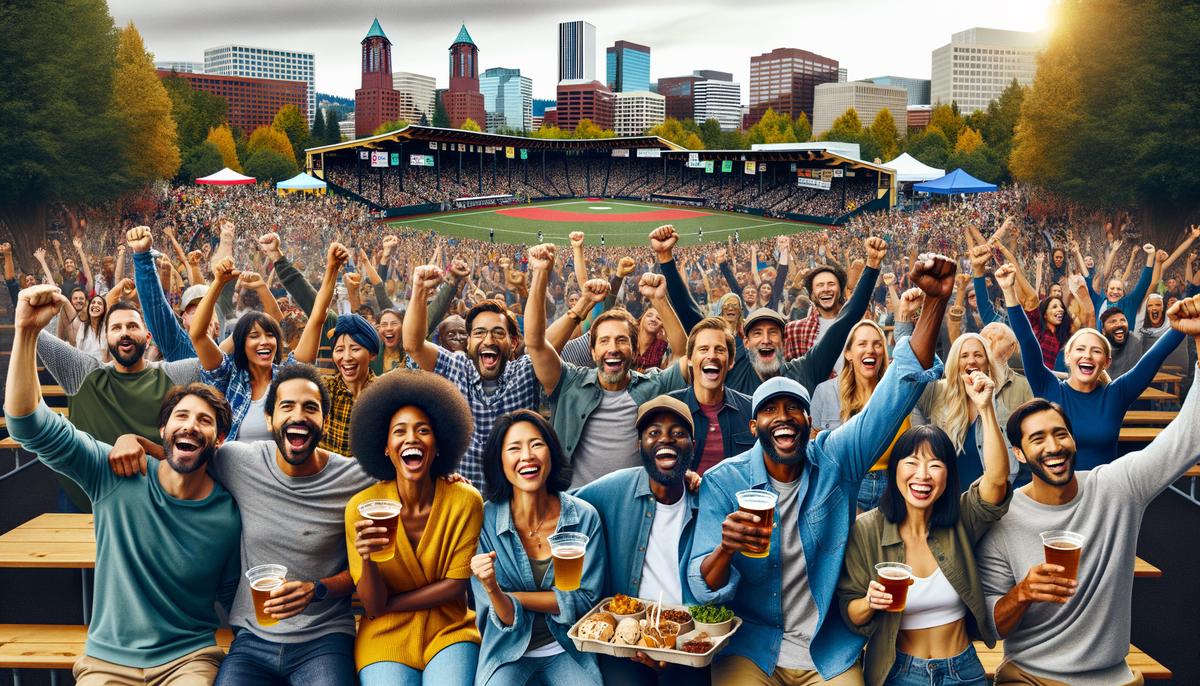 A diverse group of Portland residents celebrating at a local sports event, showcasing community spirit