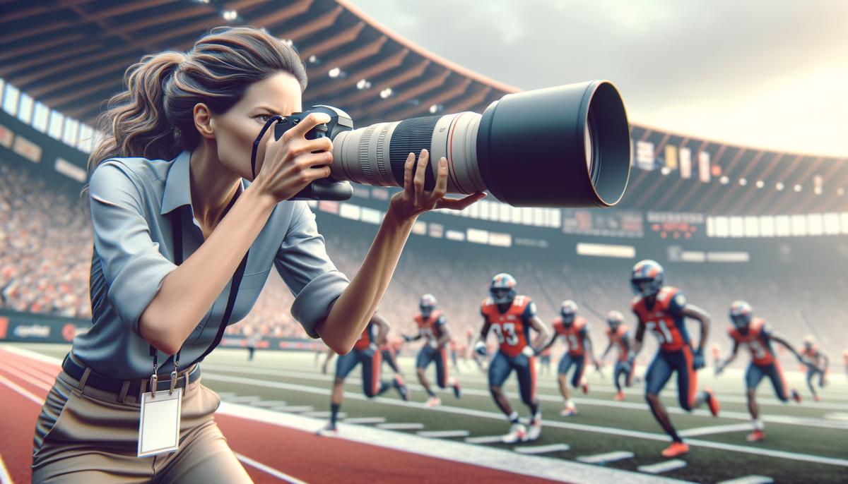 A sports photographer in action at a Portland stadium, capturing a decisive moment during a game