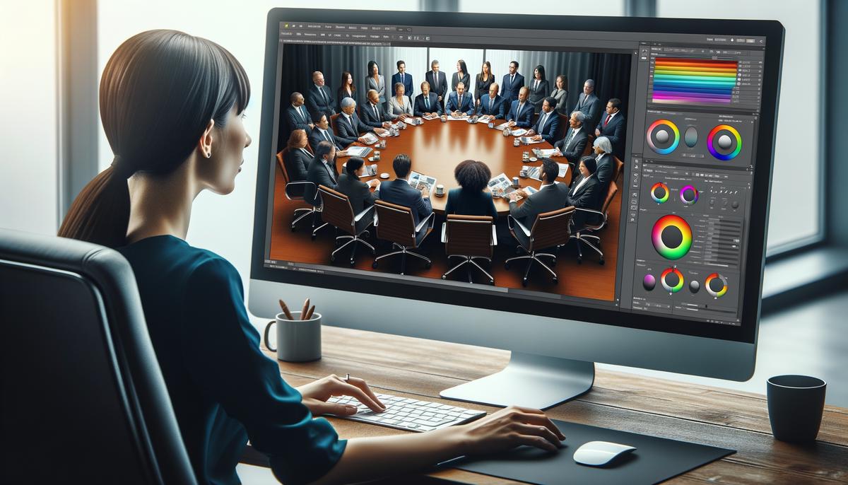 A professional photographer editing an executive roundtable photograph on a computer using photo editing software, adjusting exposure, color, and other settings