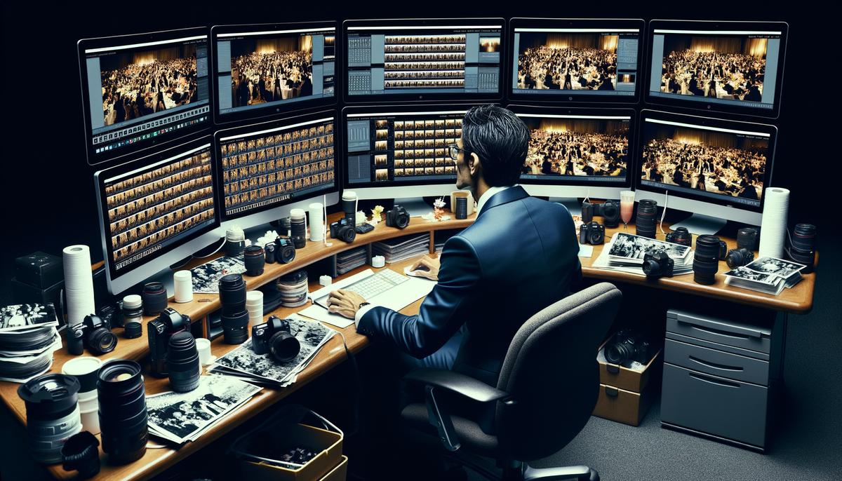 A photographer editing and organizing gala photos on a computer, with sample images displayed on multiple screens