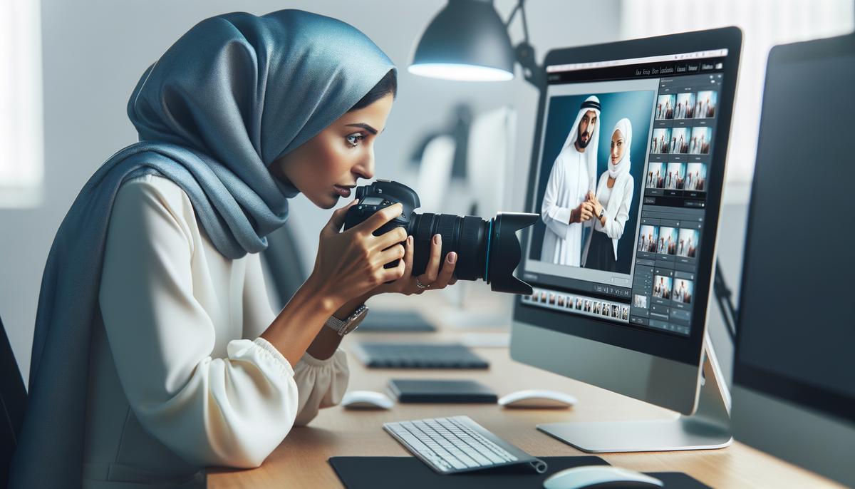 A photographer editing corporate event photos in post-production, using techniques like adjusting exposure and cropping to enhance the visual narrative.