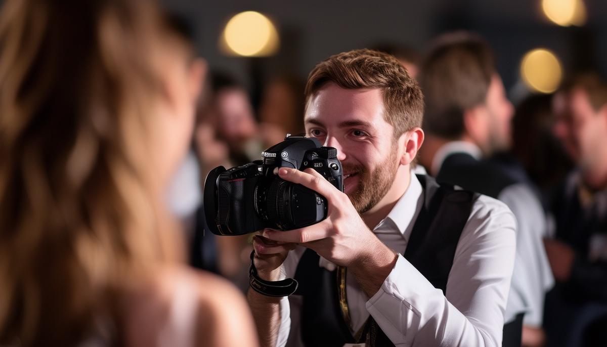 A professional photographer capturing a candid moment at a corporate event