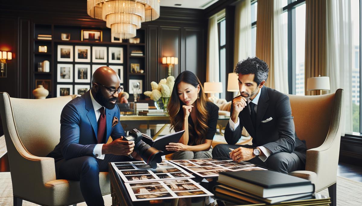 A gala photographer in Atlanta discussing event details with clients in a stylish office setting