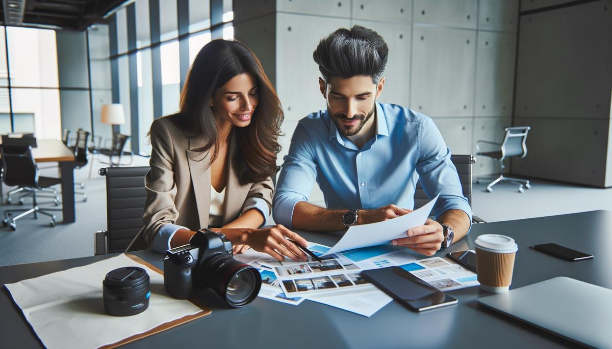 A photographer and client discussing event objectives in a meeting room