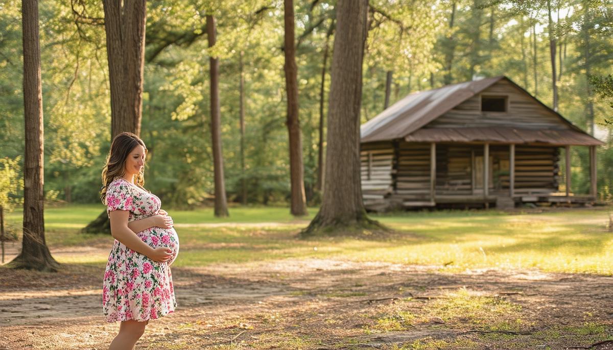 A pregnant woman in a floral dress standing in Cadron Settlement Park, Conway, with trees and a rustic cabin in the background