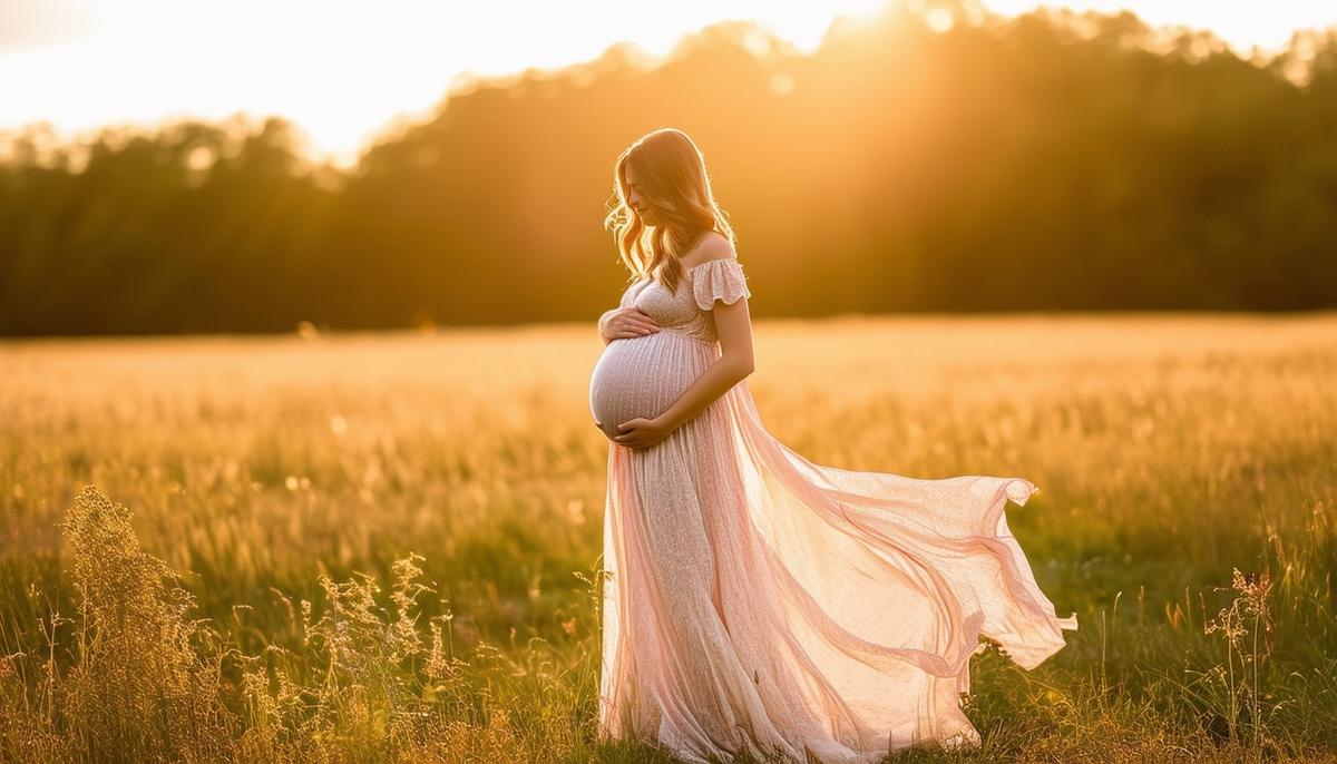 A pregnant woman in a flowing dress standing in a field during golden hour in Conway