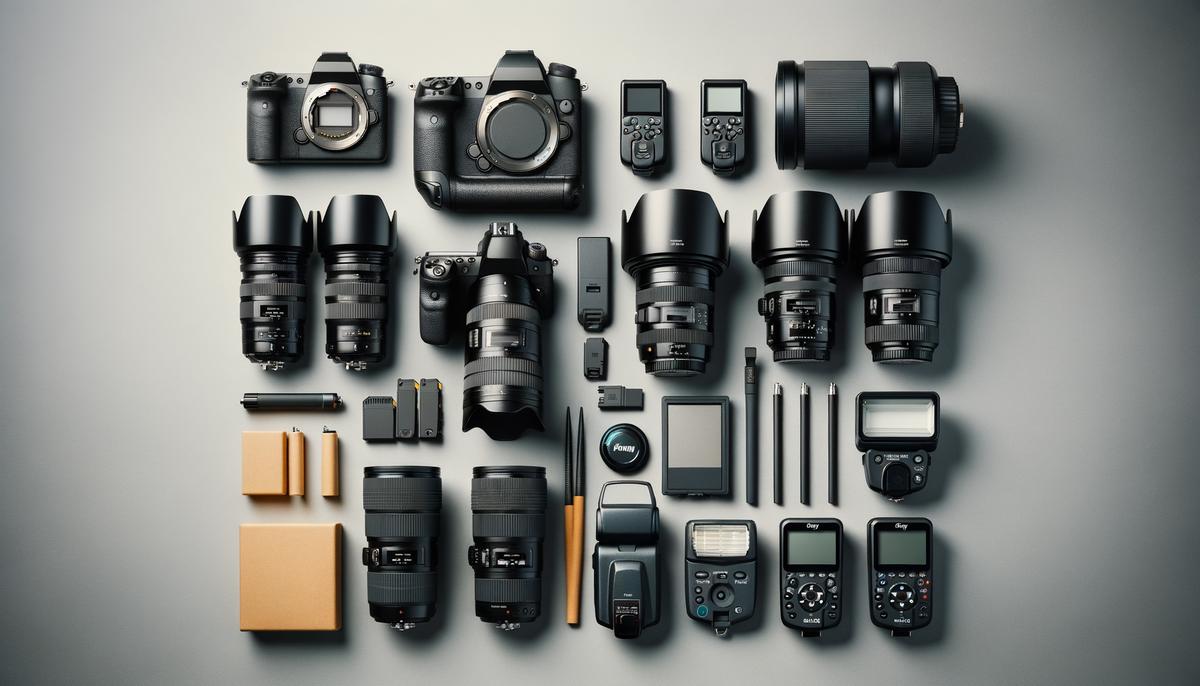 An array of professional event photography equipment including camera bodies, lenses, and flash units