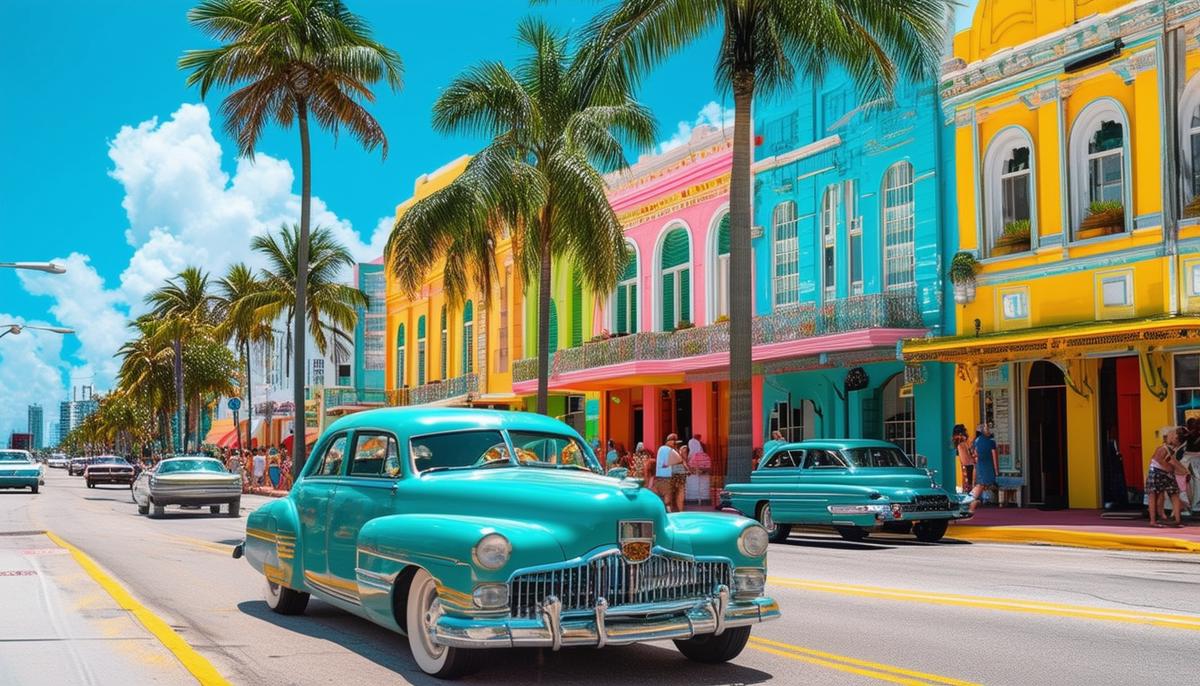 Colourful art deco buildings line Ocean Drive in Miami as vintage cars drive by and people enjoy the vibrant atmosphere
