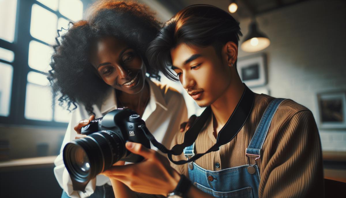 A student receiving personalized instruction from a photography teacher in a private class setting.