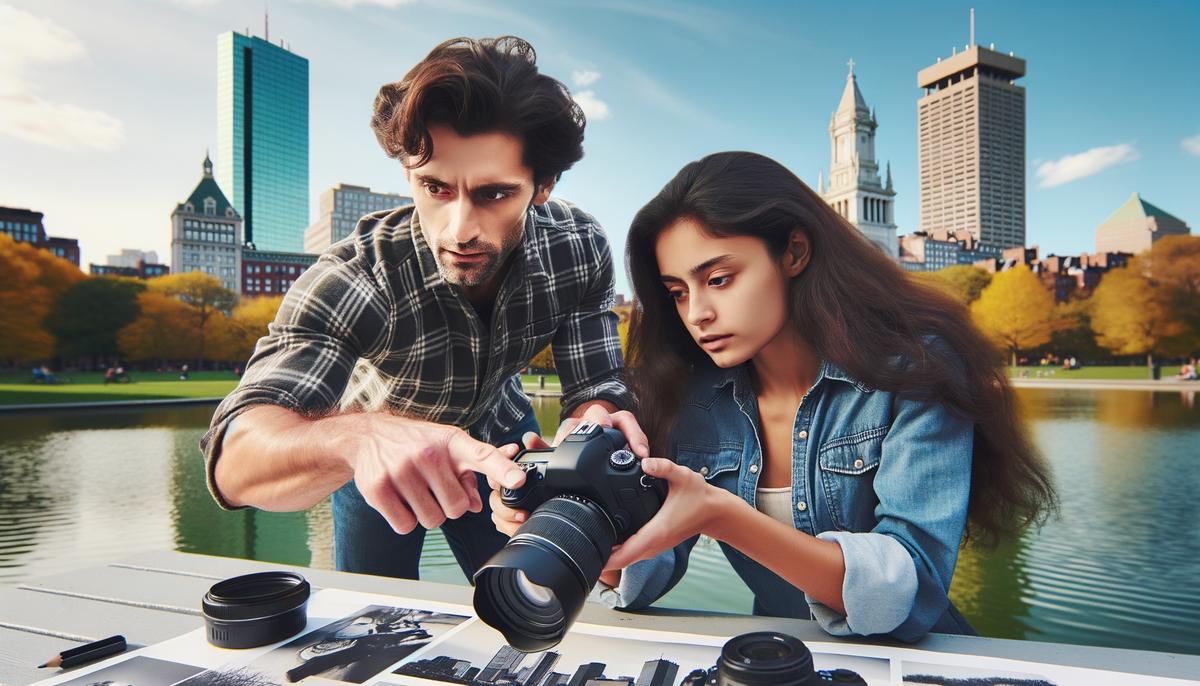 A photography instructor giving a one-on-one lesson to a student in a picturesque Boston setting
