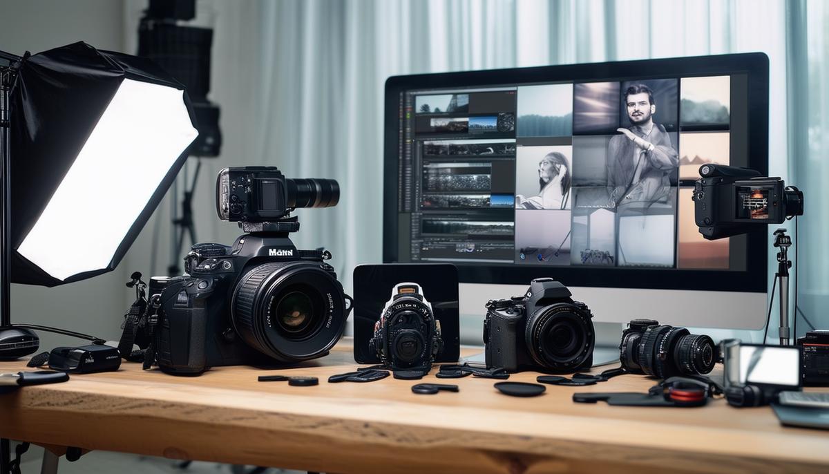 A display of advanced product photography technology including high-end cameras, lighting equipment, and editing software