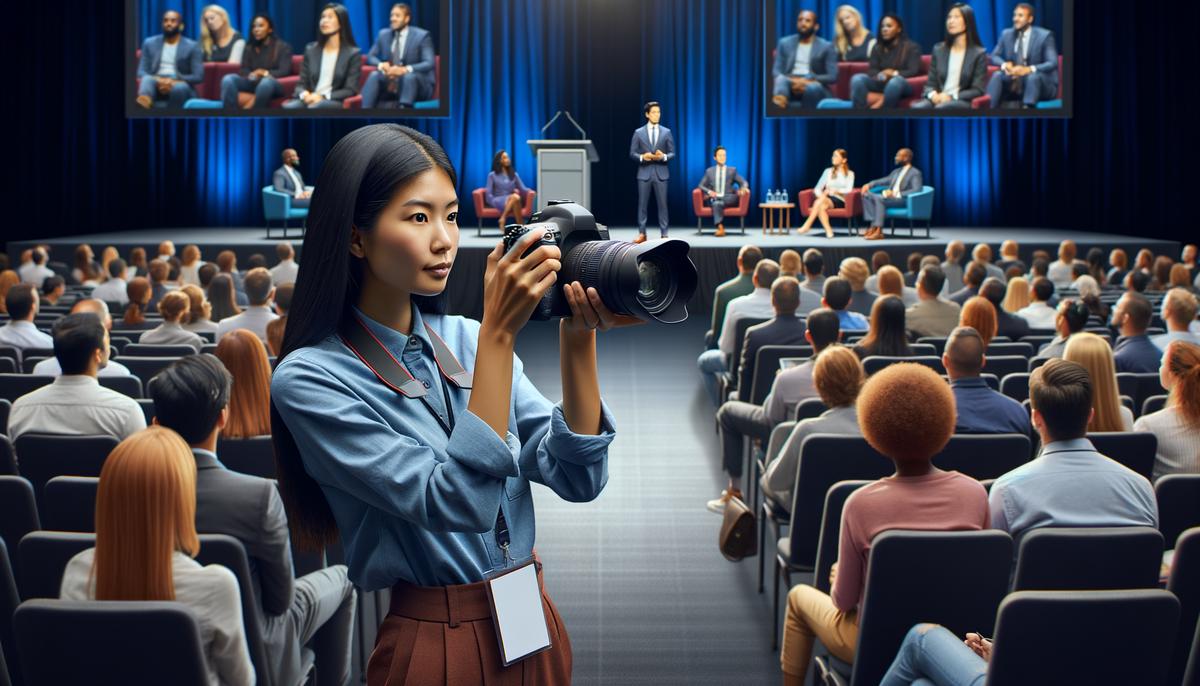 A professional event photographer working at a corporate event in Denver