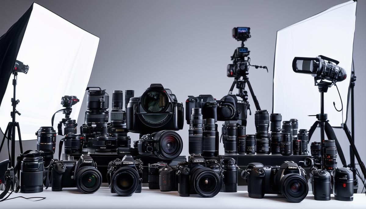 A display of professional-grade cameras, lenses, lighting equipment, and accessories used by skilled event photographers to capture high-quality images in various settings.