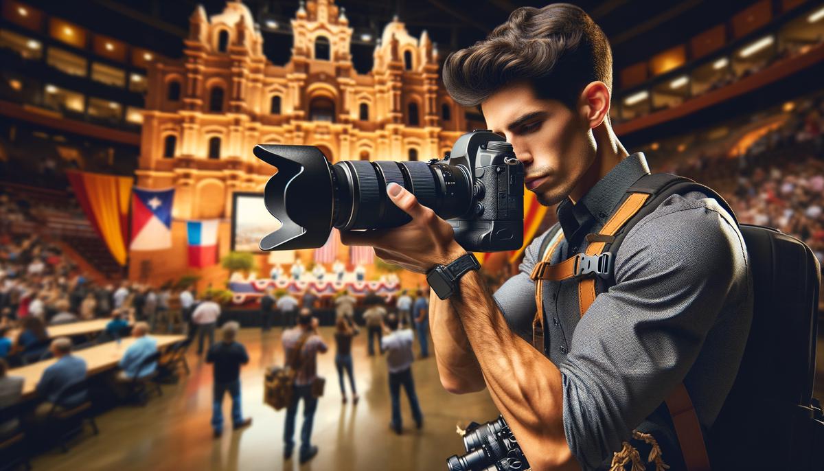 A professional event photographer utilizing an array of high-quality cameras, lenses, and accessories to masterfully capture a San Antonio event.