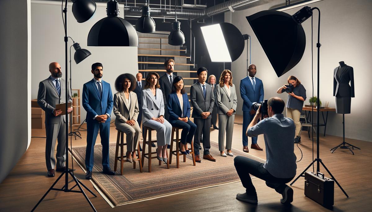 A diverse group of professionals getting headshots taken in a modern studio setting in Denver