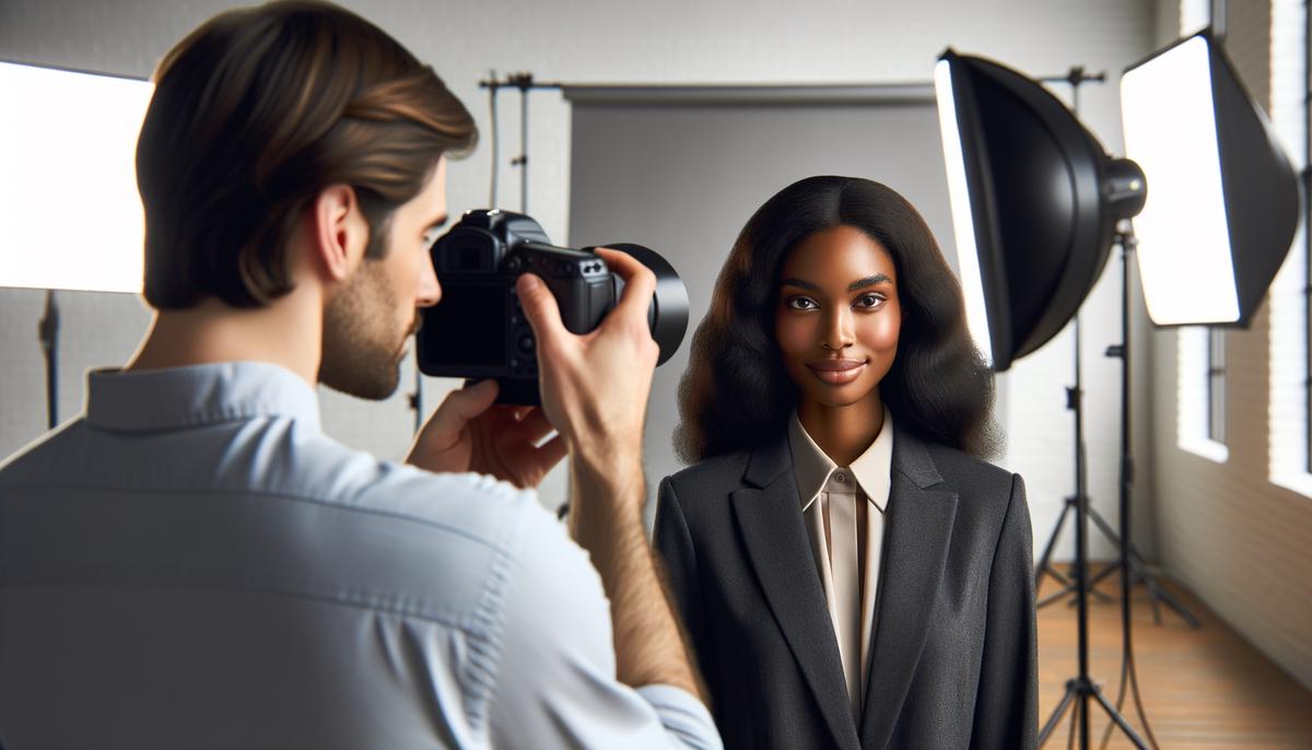 A photographer taking a professional headshot of a businesswoman in a studio in Atlanta