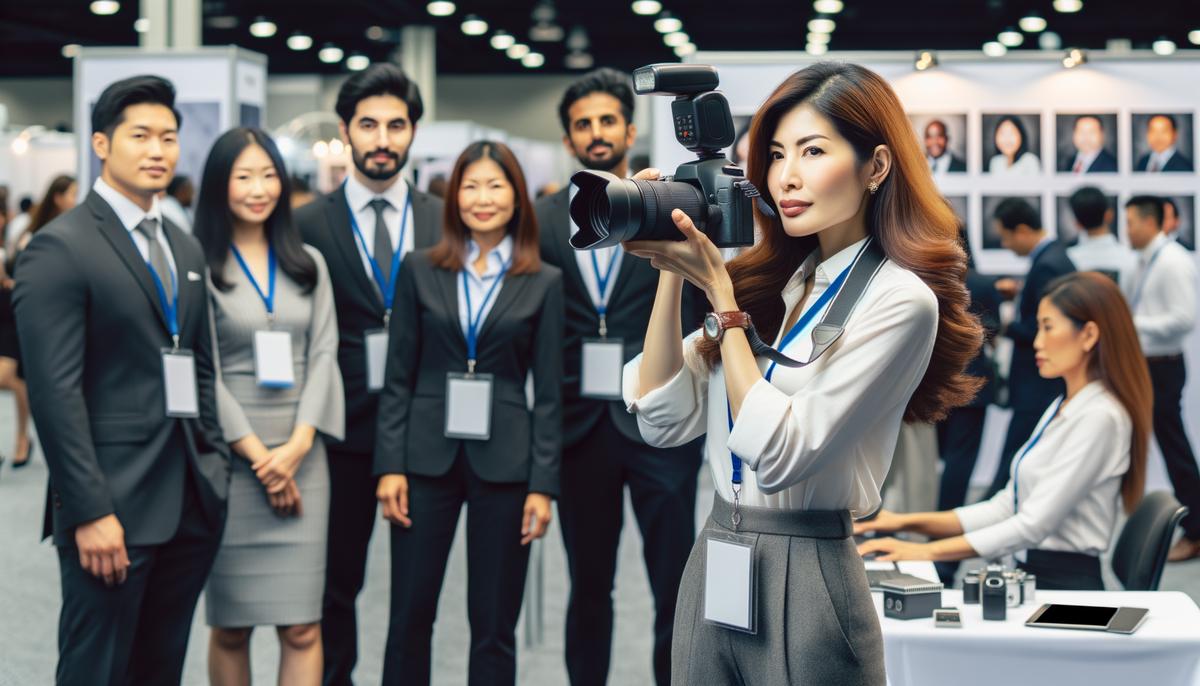 A professional photographer captures high-quality headshots of attendees at a designated station within a trade show, utilizing optimal lighting and backdrop setups to provide a valuable service.