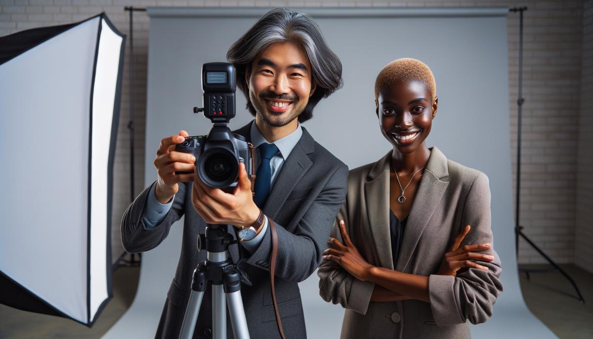 A professional photographer guiding a smiling conference attendee to pose for a high-quality headshot at a well-lit headshot station with a clean backdrop set up at the event.