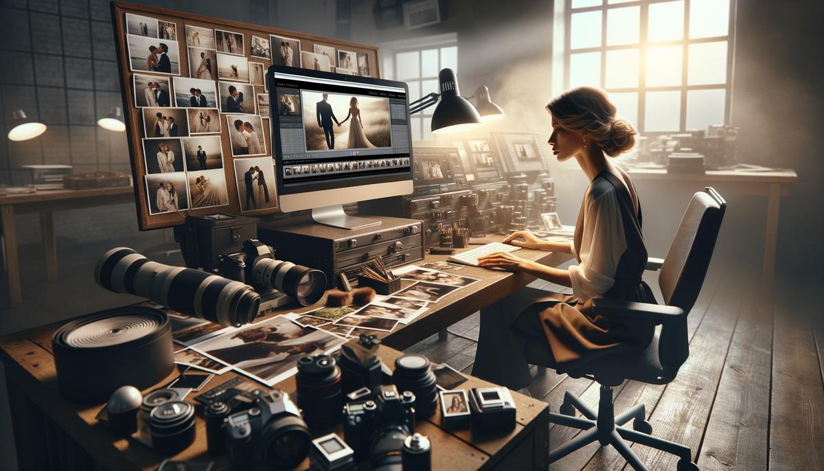 A professional photographer editing engagement photos on a computer, surrounded by photography equipment