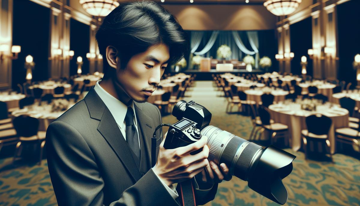 A professional event photographer with high-end camera equipment at a Portland venue
