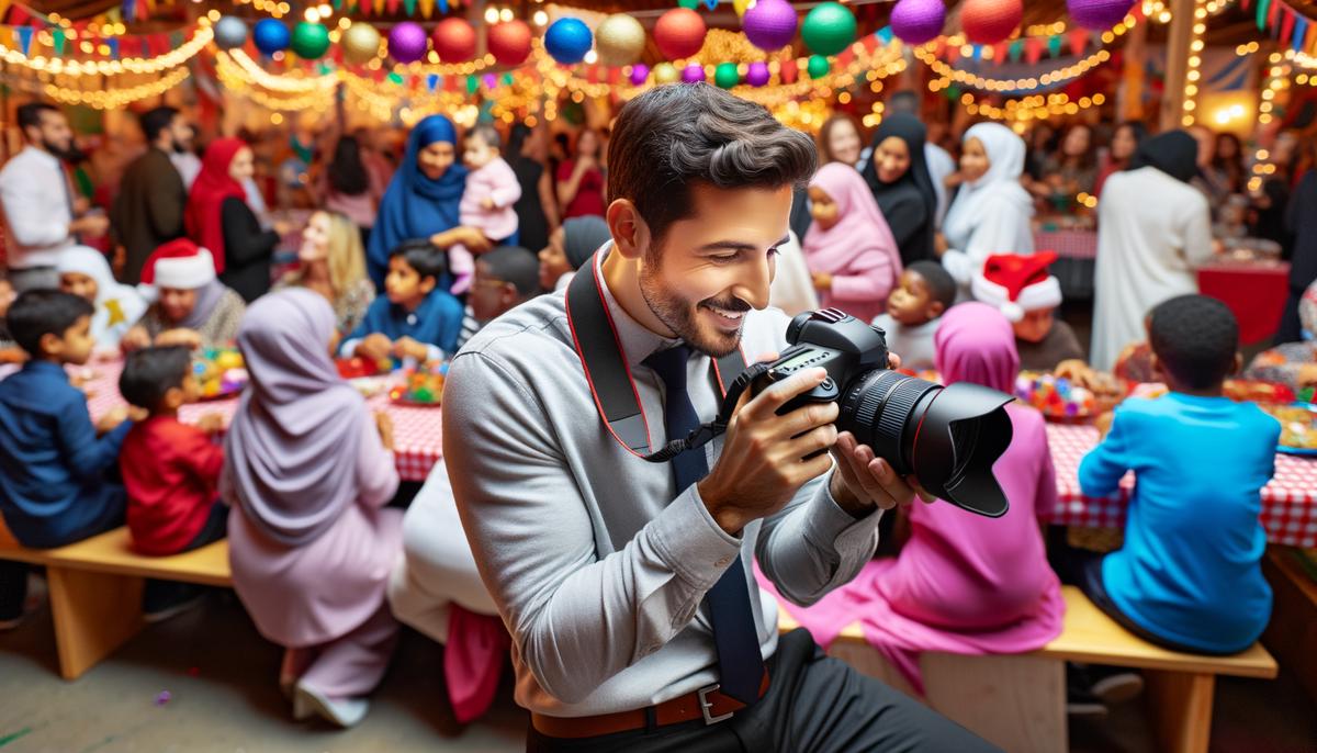 Professional photographer capturing moments at a vibrant Denver holiday event, surrounded by festive decorations and joyful attendees