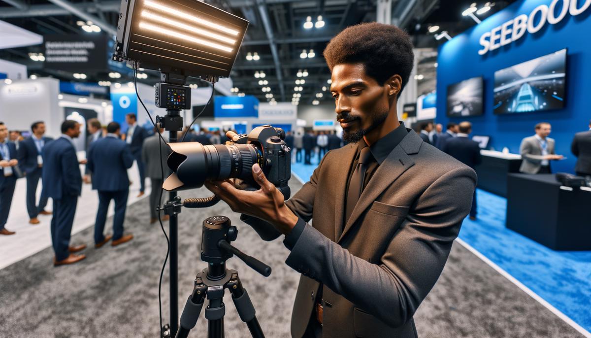 Professional photographer expertly managing challenging trade show lighting conditions, using advanced techniques and equipment to create high-quality, engaging event images.