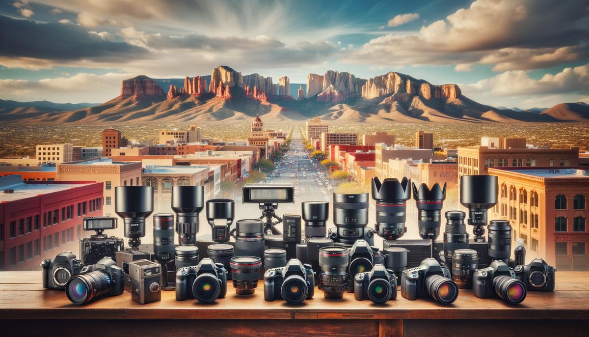 A display of professional photography equipment including cameras, lenses, and lighting gear