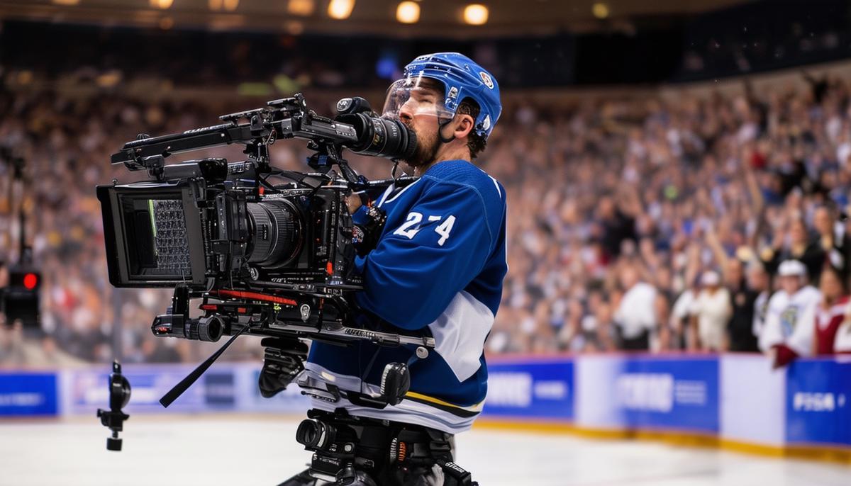 A professional sports photographer captures a dynamic action shot during a live sporting event, showcasing their expertise and top-of-the-line equipment.