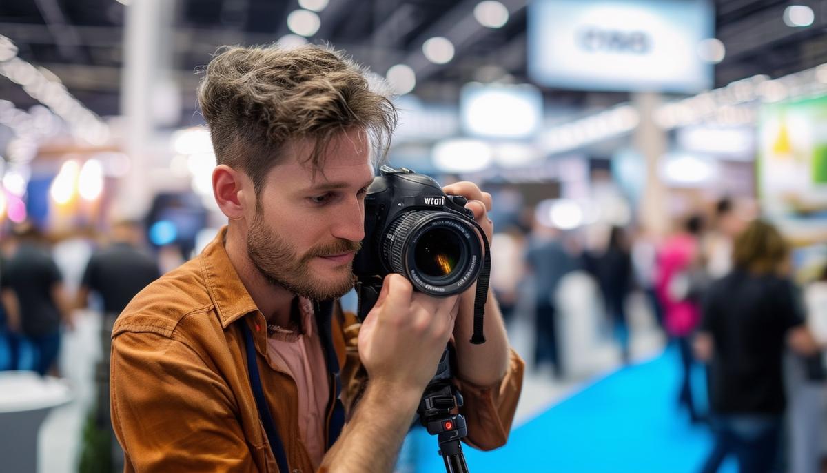 A professional photographer capturing dynamic moments at a bustling trade show