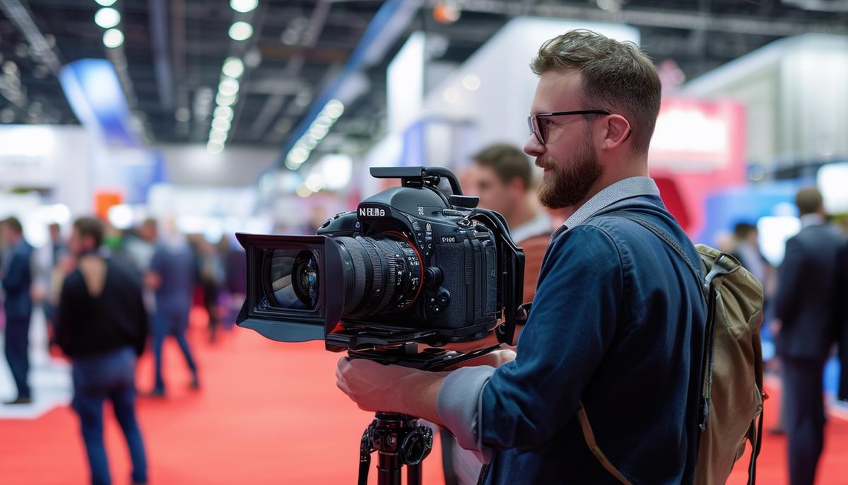 A professional trade show photographer with advanced camera equipment in a bustling event environment