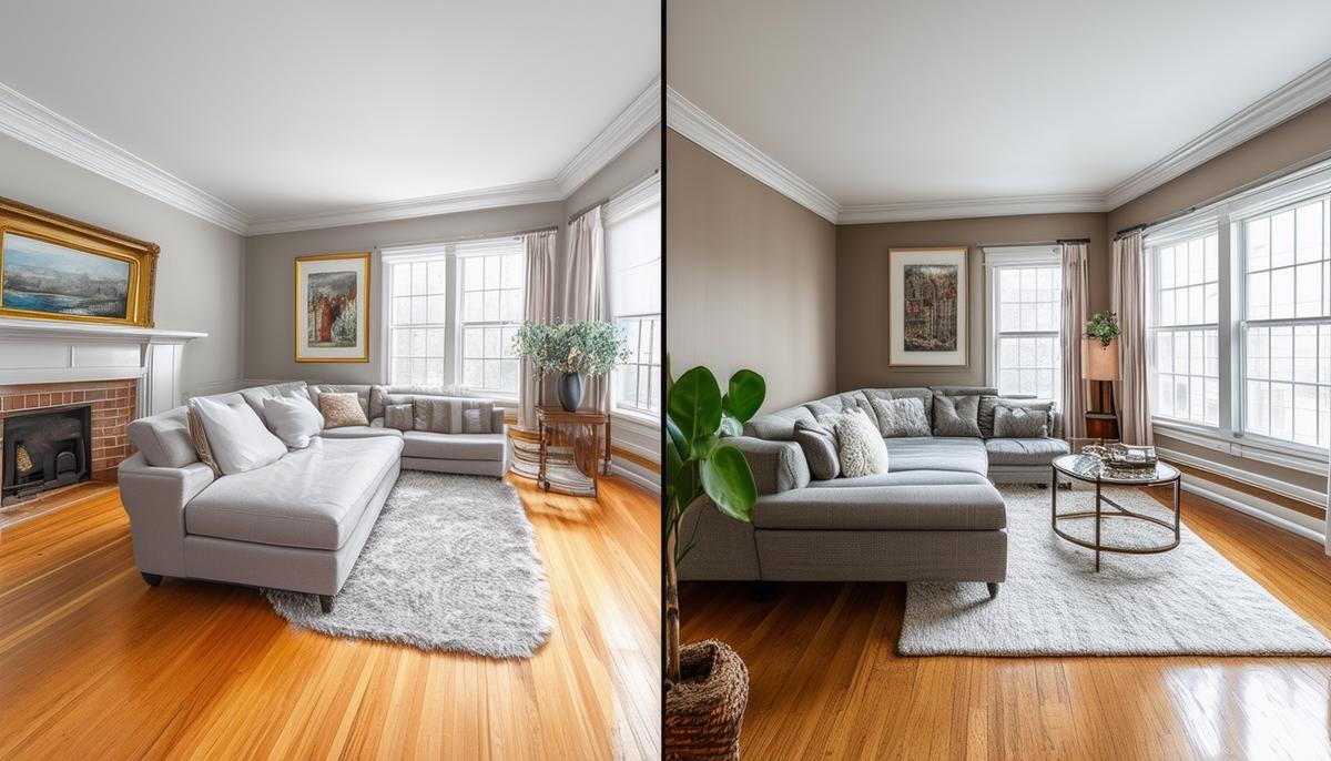 A side-by-side comparison of a room photographed by a professional real estate photographer and an amateur, highlighting the difference in quality