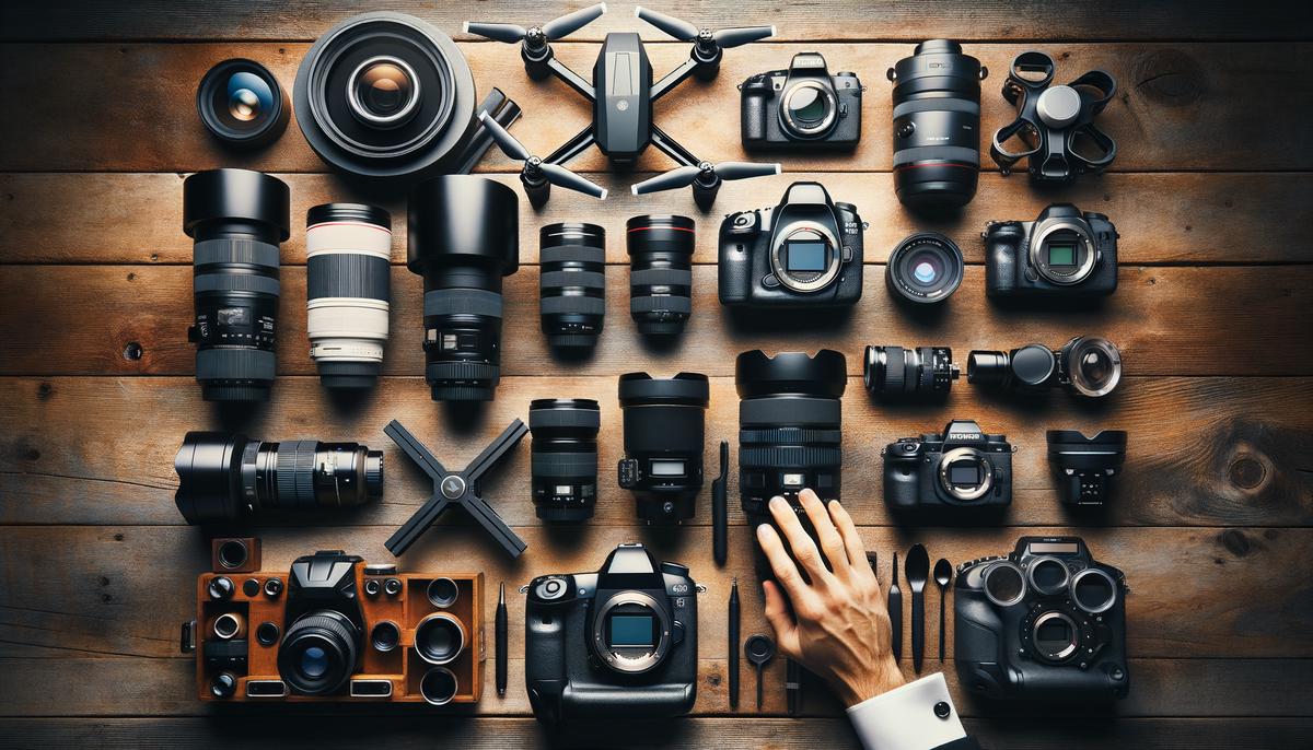 An array of professional wedding photography equipment including high-end cameras, lenses, and lighting gear laid out on a rustic wooden table