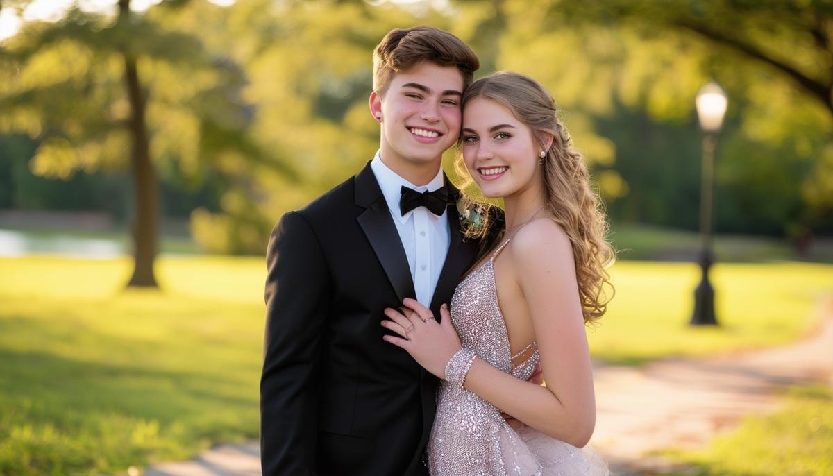 A prom couple having their photo taken by a professional photographer in a park setting in Jonesboro, AR